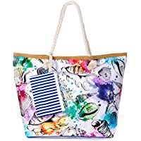  - zedela Bolsa de playa grande con cremallera- Bolso de Mano de Lona Mujer- Shopper Bolsa (Concha)